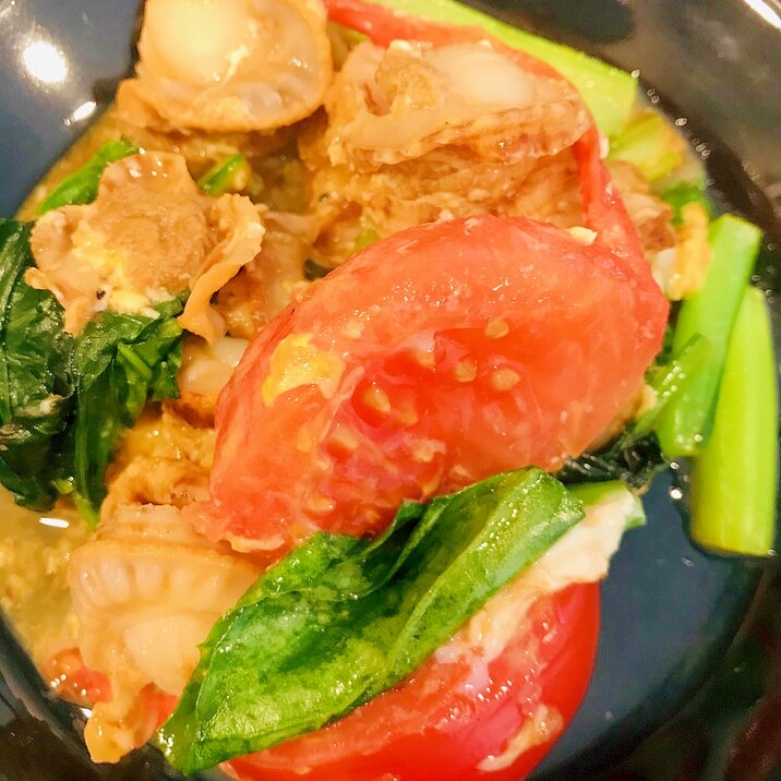 小松菜とトマト、ベビー帆立の卵炒め